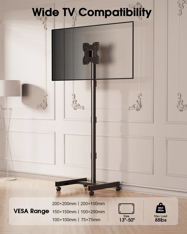 Alt view image 5 of 7 - Extra Tall Rolling TV Stand for 13-52 Inch TVs/Screens, Sturdy 50mm Pole 3 Height Adjustable Mobile TV Floor Stand on Wheels up to 88Lbs, Portable TV/Monitor Cart for for Treadmills and Ellipticals