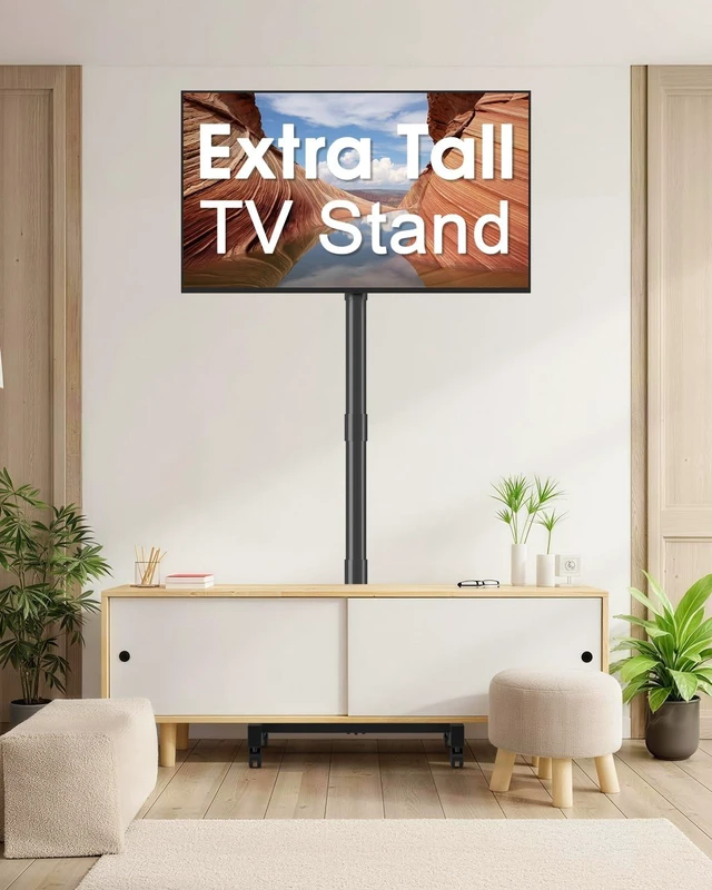 Alt view image 4 of 7 - Extra Tall Rolling TV Stand for 13-52 Inch TVs/Screens, Sturdy 50mm Pole 3 Height Adjustable Mobile TV Floor Stand on Wheels up to 88Lbs, Portable TV/Monitor Cart for for Treadmills and Ellipticals