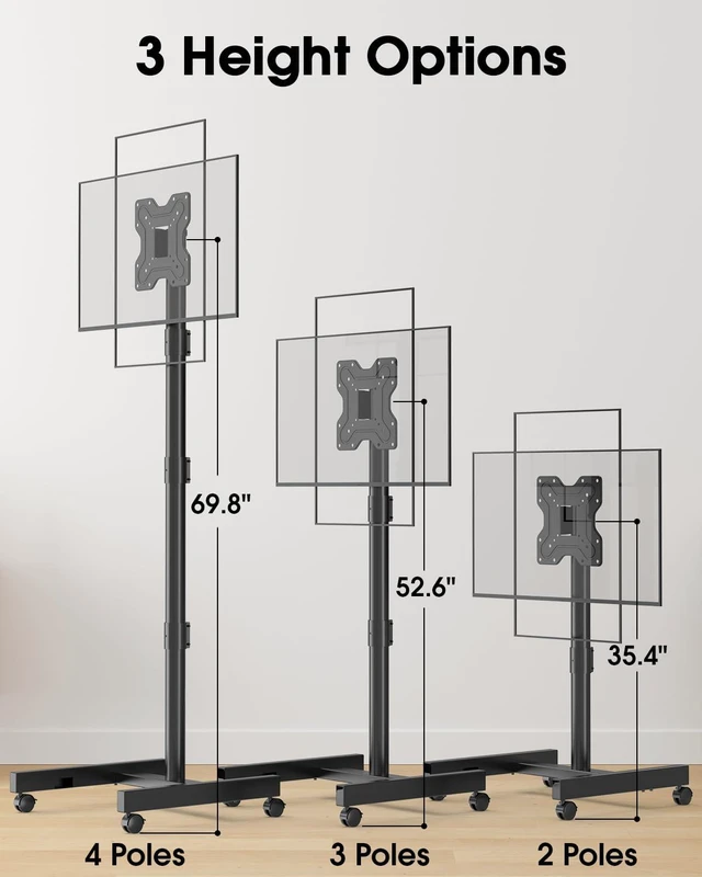 Alt view image 7 of 7 - Extra Tall Rolling TV Stand for 13-52 Inch TVs/Screens, Sturdy 50mm Pole 3 Height Adjustable Mobile TV Floor Stand on Wheels up to 88Lbs, Portable TV/Monitor Cart for for Treadmills and Ellipticals