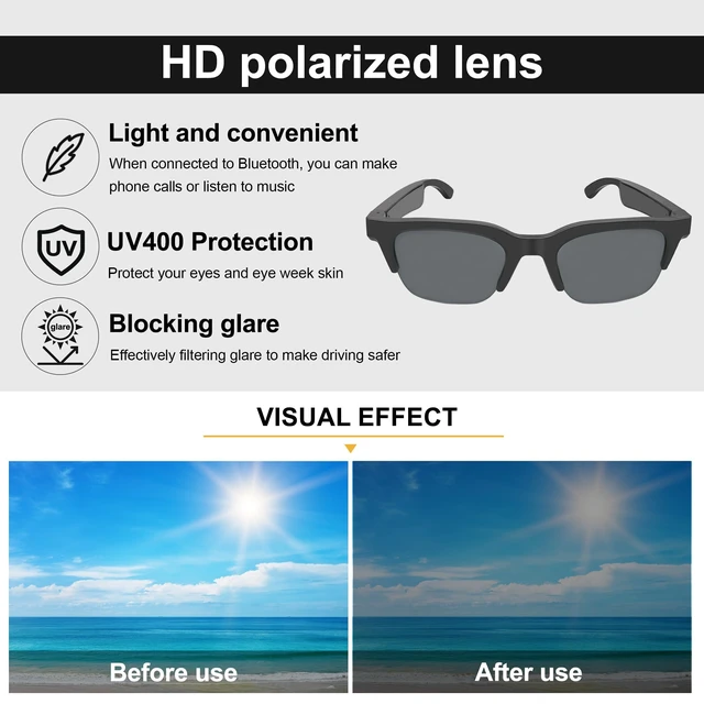 Alt view image 4 of 7 - Bluetooth Audio Sunglasses Polarized Open Ear Mic Speakers 5.3 Polarized lenses, Open ear design, Bluetooth 5.3, Built-in mic & speakers, Voice control, Unisex, For sports and outdoor use