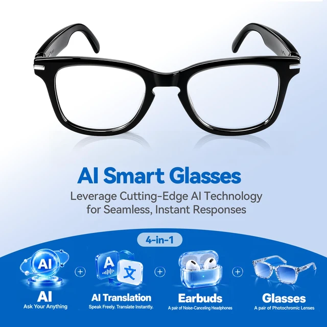 Alt view image 2 of 7 - AI Smart Glasses with Real-Time Translation,Bluetooth Glasses for Men Women Hands-Free Calls&Music, Light-Adaptive Lenses, TR90 Frame, Metal Hinges & Secure Fit, Open Ear Speakers&Mic