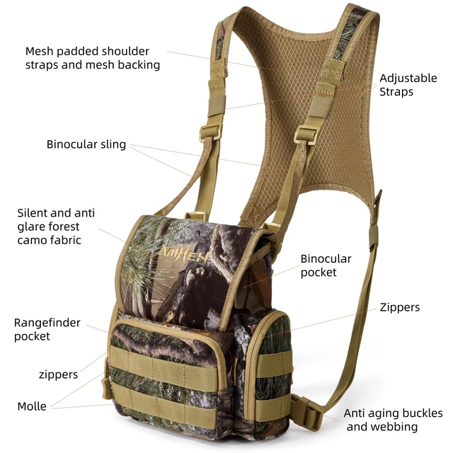 Alt view image 3 of 6 - Binocular Harness Chest Pack for Hunting with Rangefinder Pocket Fits Most 8x42 - 12x50, Silent Magnetic Flap, 1000D Anti Glare Brushed Camo, Drop Proof Bino Tether, Shockproof Interlayer