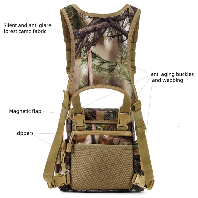 Alt view image 5 of 6 - Binocular Harness Chest Pack for Hunting with Rangefinder Pocket Fits Most 8x42 - 12x50, Silent Magnetic Flap, 1000D Anti Glare Brushed Camo, Drop Proof Bino Tether, Shockproof Interlayer