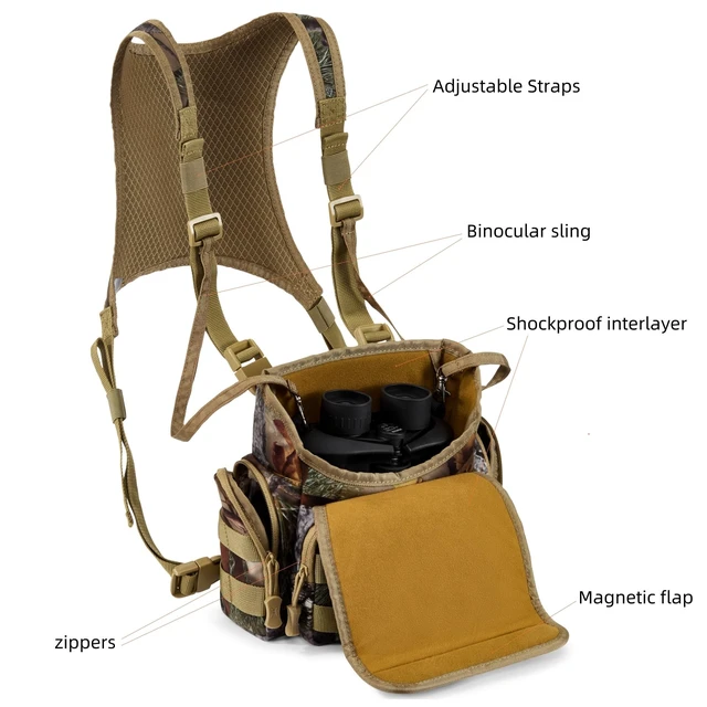 Alt view image 4 of 6 - Binocular Harness Chest Pack for Hunting with Rangefinder Pocket Fits Most 8x42 - 12x50, Silent Magnetic Flap, 1000D Anti Glare Brushed Camo, Drop Proof Bino Tether, Shockproof Interlayer