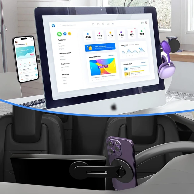 Alt view image 6 of 7 - Magnetic Phone Mount Holder for Laptop MacBook Monitor, Adjustable Stand for iOS 16 / macOS 13 Ventura with Magsafe, Slim Portable Side Screen Computer Expansion Bracket for iPhone, Black