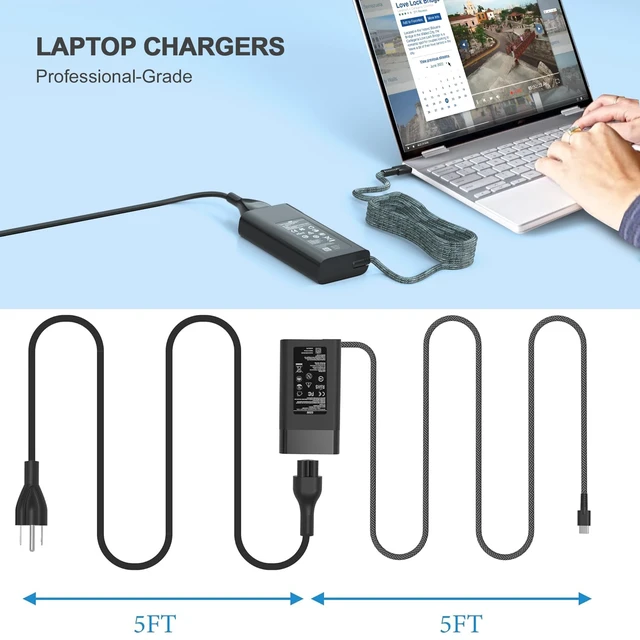 Alt view image 5 of 6 - 65W USB-C Charger Compatible with HP OmniBook EliteBook x360 Envy x360 20V 3.25A Type-C Adapter for ProBook, Spectre, Pavilion, Chromebook, ZBook G8-G11,Elite x2 Replaces L65505-002 TPN-DA20