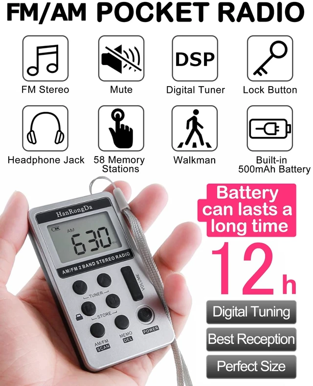 Alt view image 2 of 6 - Portable Radio AM/FM Receiver with Excellent Reception and Stereo Sound, Pocket Radios with 58 Preset Stations, Built-in 500mAh Battery for Walking, Jogging, Mowing and Traveling HRD-103