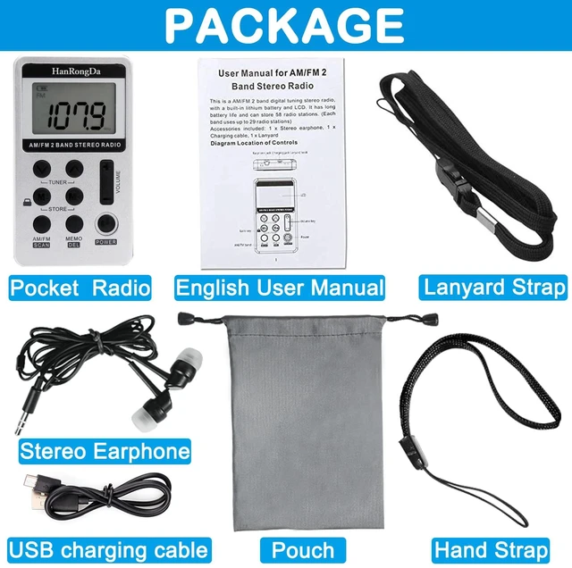 Alt view image 6 of 6 - Portable Radio AM/FM Receiver with Excellent Reception and Stereo Sound, Pocket Radios with 58 Preset Stations, Built-in 500mAh Battery for Walking, Jogging, Mowing and Traveling HRD-103