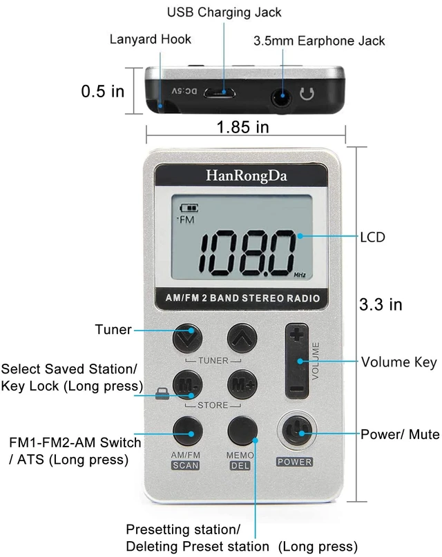 Alt view image 5 of 6 - Portable Radio AM/FM Receiver with Excellent Reception and Stereo Sound, Pocket Radios with 58 Preset Stations, Built-in 500mAh Battery for Walking, Jogging, Mowing and Traveling HRD-103