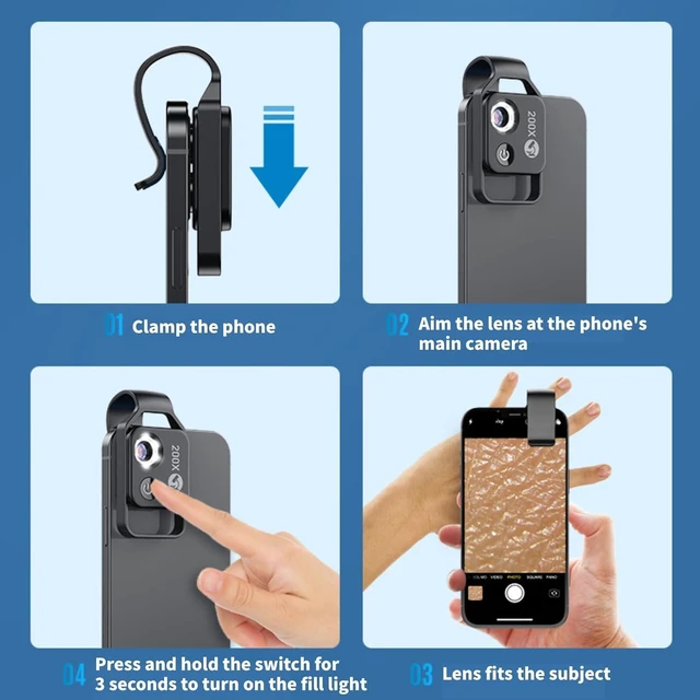 Alt view image 3 of 7 - APL-MS002 200x Phone Microscope, Mini Pocket Microscope with 6 LED Light Guides, 2 Levels Brightness Adjustment, Magnification Camera Macro Lens Kit with CPL
