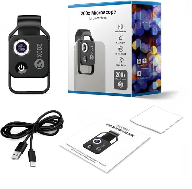 Alt view image 4 of 7 - APL-MS002 200x Phone Microscope, Mini Pocket Microscope with 6 LED Light Guides, 2 Levels Brightness Adjustment, Magnification Camera Macro Lens Kit with CPL