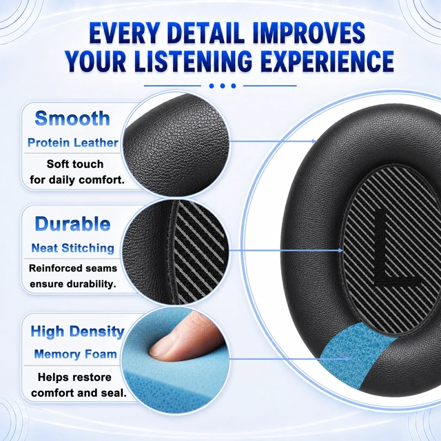 Alt view image 5 of 7 - Replacement Ear Pads for Bose QC35/QC35 II Wireless Headphones Extra-Thick and Durable Cushion, Soft Protein Leather and Slow-rebound Memory Foam for Long-Lasting Comfort, Easy to Replace