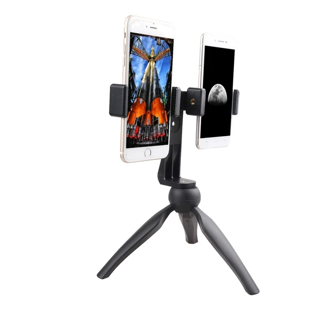 Alt view image 3 of 7 - Dual Device Tripod, Monopole, Hand-Grip Mount Adapter for Live Video and Photography with Multiple Devices. Compatible with Most Smartphones: iPhone, Samsung Galaxy, Android, Google, etc