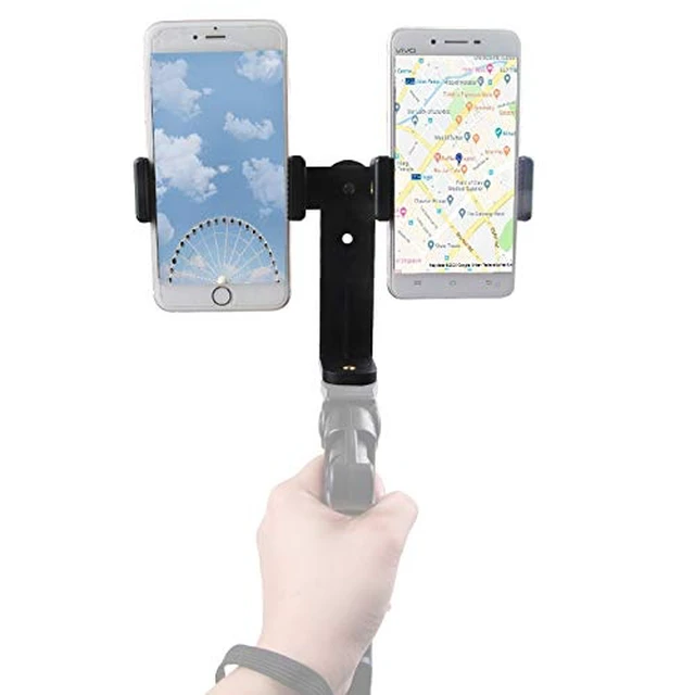 Alt view image 6 of 7 - Dual Device Tripod, Monopole, Hand-Grip Mount Adapter for Live Video and Photography with Multiple Devices. Compatible with Most Smartphones: iPhone, Samsung Galaxy, Android, Google, etc