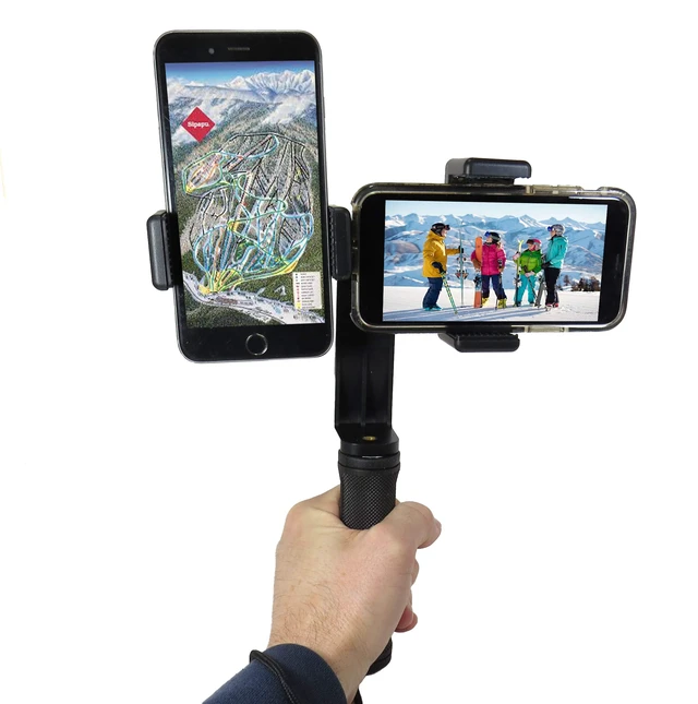 Alt view image 2 of 7 - Dual Device Tripod, Monopole, Hand-Grip Mount Adapter for Live Video and Photography with Multiple Devices. Compatible with Most Smartphones: iPhone, Samsung Galaxy, Android, Google, etc