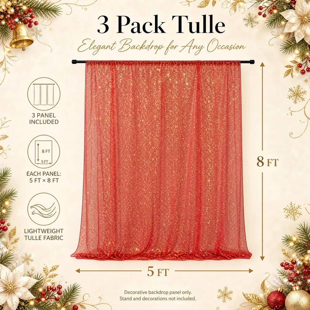 Alt view image 2 of 7 - Red Tulle Backdrop Curtains with Gold Foil 15x8ft Sheer Curtain 3 Panels Gold Foil Finish Red Backdrop Curtain Shimmer Backdrop Cloth, Glitter Backdrop Drapes for Red Themed Party
