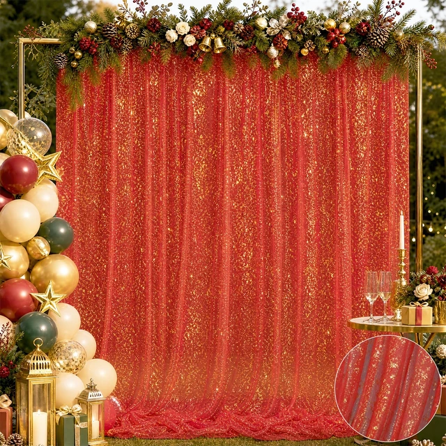 Alt view image 5 of 7 - Red Tulle Backdrop Curtains with Gold Foil 15x8ft Sheer Curtain 3 Panels Gold Foil Finish Red Backdrop Curtain Shimmer Backdrop Cloth, Glitter Backdrop Drapes for Red Themed Party