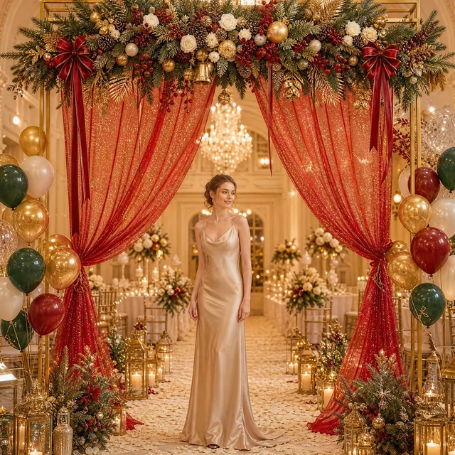 Alt view image 6 of 7 - Red Tulle Backdrop Curtains with Gold Foil 15x8ft Sheer Curtain 3 Panels Gold Foil Finish Red Backdrop Curtain Shimmer Backdrop Cloth, Glitter Backdrop Drapes for Red Themed Party