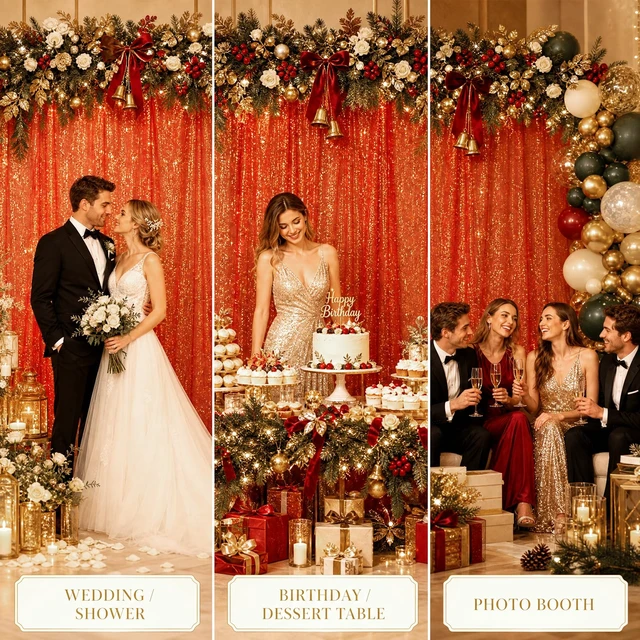 Alt view image 7 of 7 - Red Tulle Backdrop Curtains with Gold Foil 15x8ft Sheer Curtain 3 Panels Gold Foil Finish Red Backdrop Curtain Shimmer Backdrop Cloth, Glitter Backdrop Drapes for Red Themed Party
