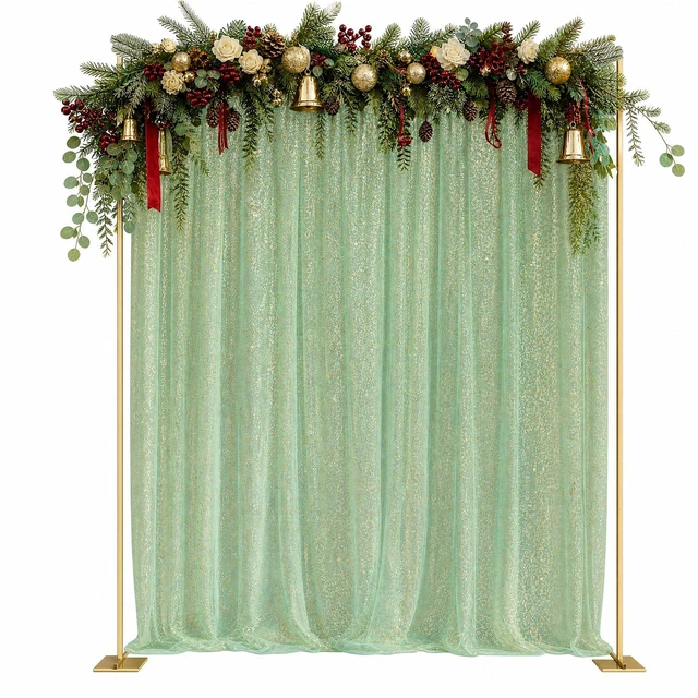 Main image of Green Tulle Backdrop Curtains with Gold Foil 15x8ft Sheer Curtain 3 Panels Gold Foil Finish Green Backdrop Curtain Shimmer Backdrop Cloth, Glitter Backdrop Drapes for Green Themed Party