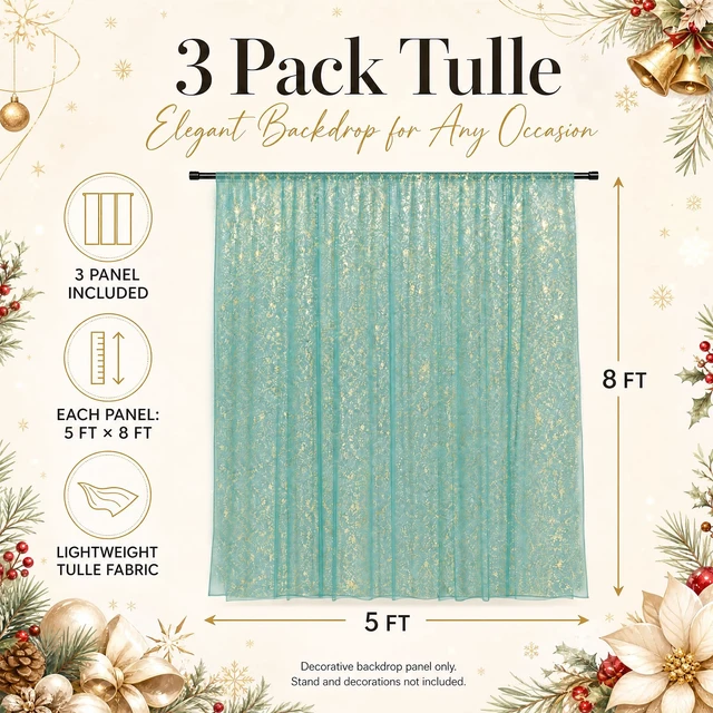 Alt view image 2 of 7 - Green Tulle Backdrop Curtains with Gold Foil 15x8ft Sheer Curtain 3 Panels Gold Foil Finish Green Backdrop Curtain Shimmer Backdrop Cloth, Glitter Backdrop Drapes for Green Themed Party