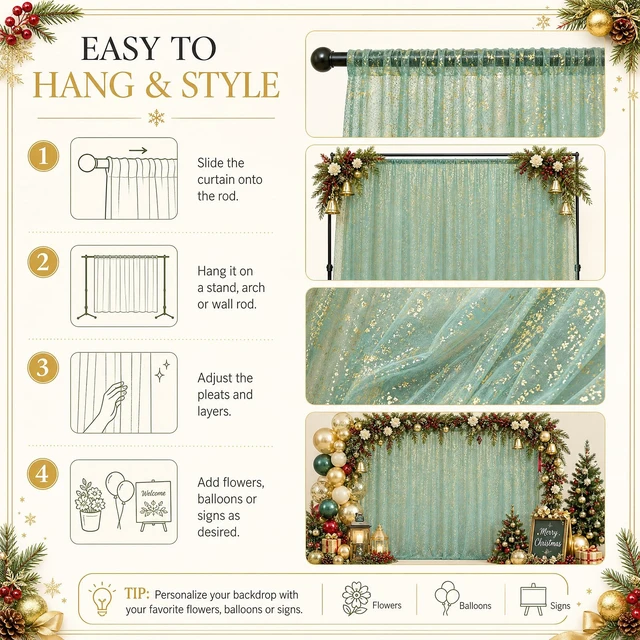 Alt view image 6 of 7 - Green Tulle Backdrop Curtains with Gold Foil 15x8ft Sheer Curtain 3 Panels Gold Foil Finish Green Backdrop Curtain Shimmer Backdrop Cloth, Glitter Backdrop Drapes for Green Themed Party