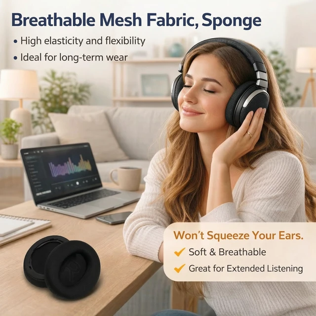 Alt view image 4 of 7 - Headphone Earpads:Soft Breathable Mesh Fabric Memory Foam,for Anker Soundcore Life Q20 Q20 BT Q20+ Q20I,Comfortable and Durable