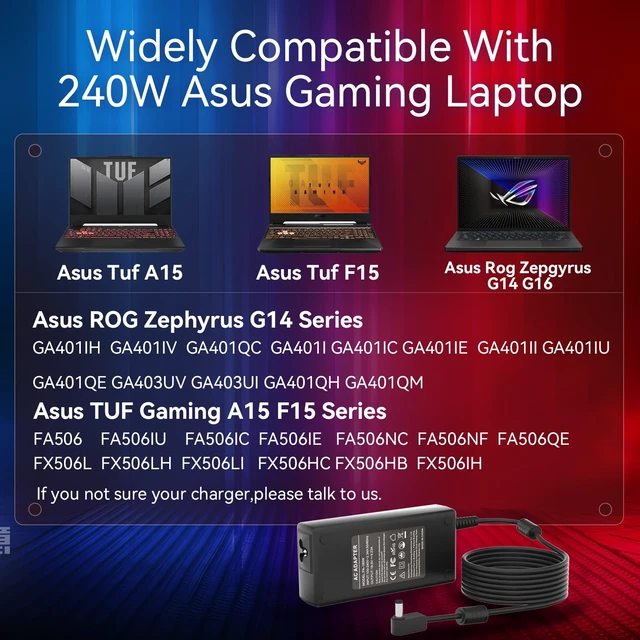 Alt view image 2 of 7 - 240W Laptop Charger for Asus ADP-240EB B, for Asus Gaming Laptop Compatible with Asus Rog Zephyrus M16 G16 G15 G14 S15 S17, Compatible with TUF Dash A15 F15 A16 F16 A17 F17, Gaming Laptop