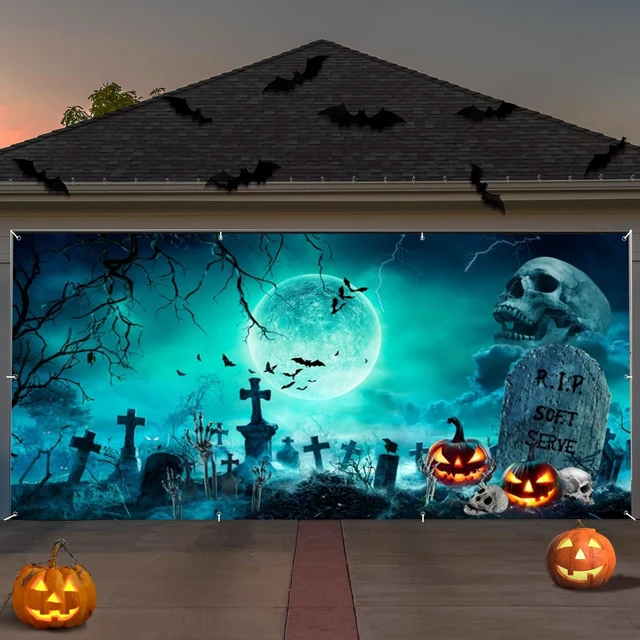 Alt view image 2 of 7 - Halloween Garage Door Cover Decorations Backdrop 7x16ft Scary Cemetery Backdrop Spooky Skull Graveyard Background Large 2 Car Garage Door Banner for Outdoor Holiday Decorations