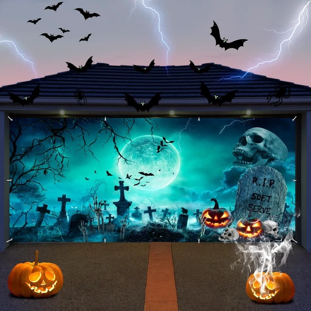 Alt view image 3 of 7 - Halloween Garage Door Cover Decorations Backdrop 7x16ft Scary Cemetery Backdrop Spooky Skull Graveyard Background Large 2 Car Garage Door Banner for Outdoor Holiday Decorations