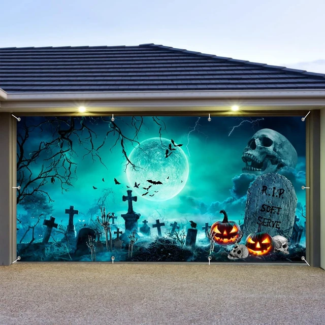 Alt view image 4 of 7 - Halloween Garage Door Cover Decorations Backdrop 7x16ft Scary Cemetery Backdrop Spooky Skull Graveyard Background Large 2 Car Garage Door Banner for Outdoor Holiday Decorations