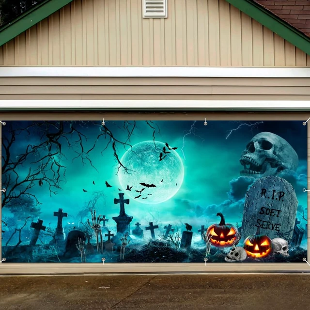 Alt view image 7 of 7 - Halloween Garage Door Cover Decorations Backdrop 7x16ft Scary Cemetery Backdrop Spooky Skull Graveyard Background Large 2 Car Garage Door Banner for Outdoor Holiday Decorations