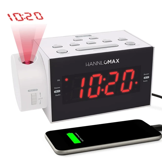 Alt view image 3 of 3 - HX-109CR Alarm Clock Radio, Clock Projection (White) FM Radio, Digital Clock, Dual Alarm, 1.2 Red LED Display, USB Port for 1A Charging, Aux-in