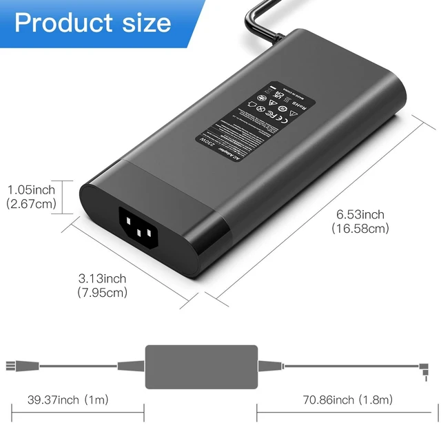 Alt view image 5 of 6 - 230W 19.5V 11.8A AC Charger Fit for HP OMEN 15 16 15-en1013dx 15-ek1013dx 16-b1797nr 16-b1085nr 16-b0005dx 16-b0013dx 16-c0002dx 16-c0012dx ZBook Fury 16 G9 TPN-LA10 M41303-001 M35733-001 Power Cord