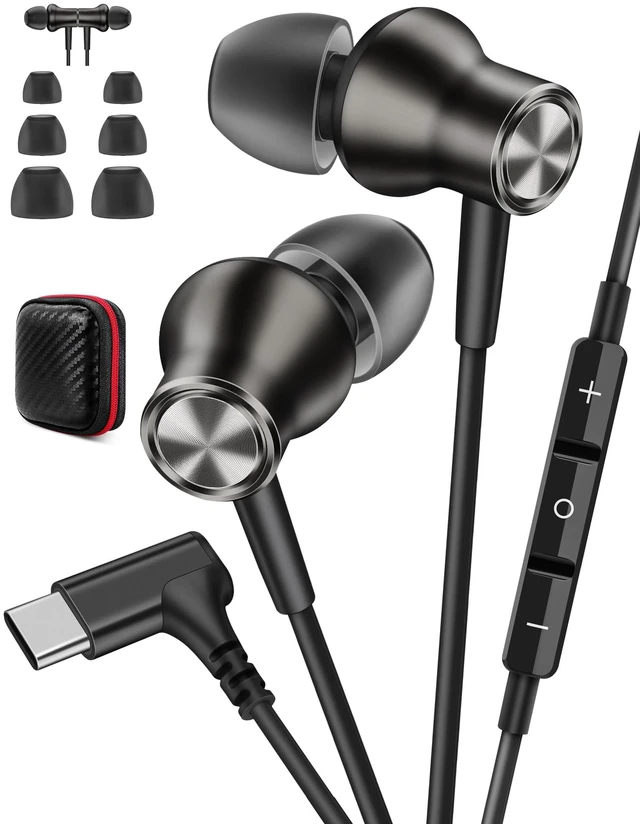Main image of USB C Wired Earbuds Right Angle in Ear Headphones Mic Metal Black USB C In Ear Magnetic Headphone Stereo Remote Control Corded Type C Earphones for iPhone 18 Pro Galaxy S26 S25 for iPad Pro