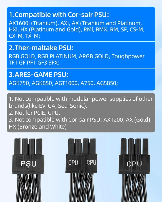 Alt view image 7 of 7 - CPU Cable for Cor-soir, 8 Pin PSU Male to 8 Pin and 4+4 Pin CPU Male Cable, PSU Cables to EPS-12V Motherboard Power Adapter for Ther-maltake, ARES-Game, Cor-soir Power Supply