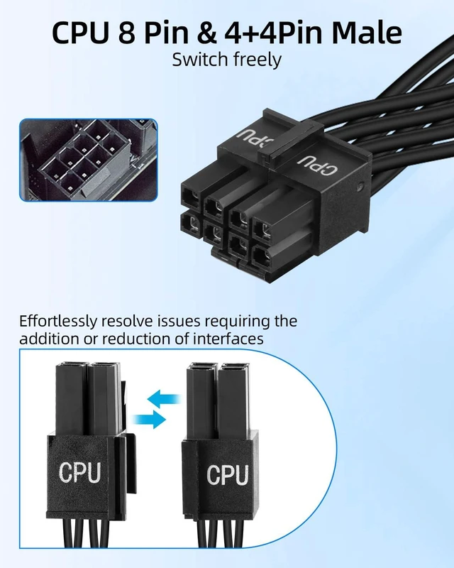 Alt view image 4 of 7 - CPU Cable for Cor-soir, 8 Pin PSU Male to 8 Pin and 4+4 Pin CPU Male Cable, PSU Cables to EPS-12V Motherboard Power Adapter for Ther-maltake, ARES-Game, Cor-soir Power Supply