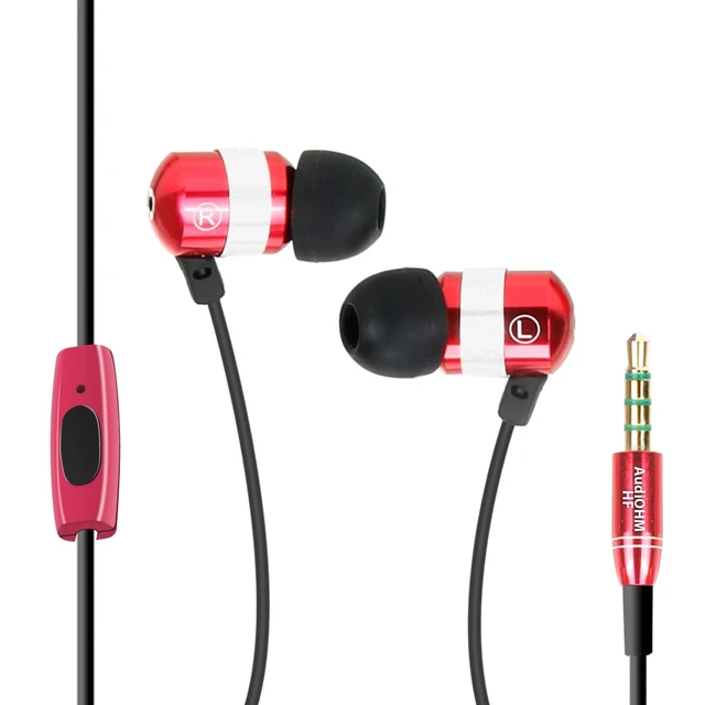 Alt view image 3 of 7 - AudiOHM HF Earbud Headphones with Mic, Deep Bass, & Comfortable Ear Gels (Red) in-Ear Earphones Featuring Noise Isolating Design, Durable Alloy Driver Housing, Ergonomic Angled Fit