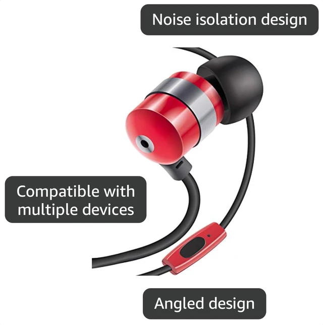 Alt view image 6 of 7 - AudiOHM HF Earbud Headphones with Mic, Deep Bass, & Comfortable Ear Gels (Red) in-Ear Earphones Featuring Noise Isolating Design, Durable Alloy Driver Housing, Ergonomic Angled Fit