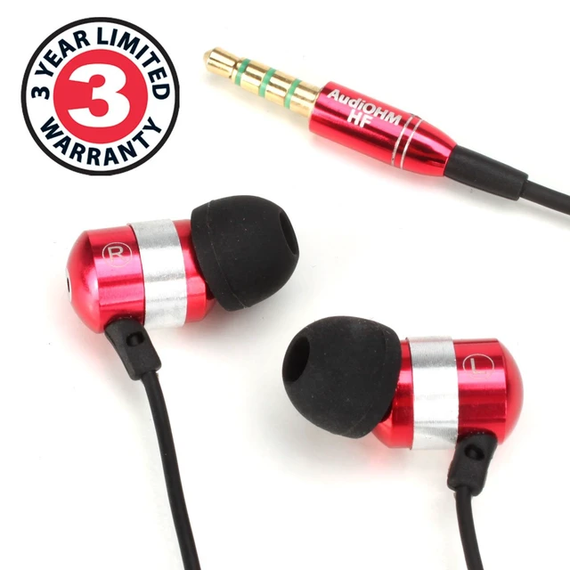 Alt view image 5 of 7 - AudiOHM HF Earbud Headphones with Mic, Deep Bass, & Comfortable Ear Gels (Red) in-Ear Earphones Featuring Noise Isolating Design, Durable Alloy Driver Housing, Ergonomic Angled Fit