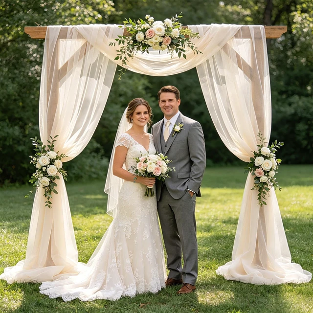 Alt view image 2 of 7 - Wedding Arch Draping Fabric, Ivory, 1 Panel, 28.7" x 20ft Sheer Drapes Tulle Fabric, for Wedding Ceremony, Ceiling, Bridal Shower, Party Backdrop Decor