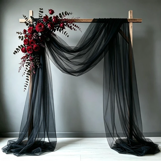 Main image of Wedding Arch Draping Fabric, Black, 1 Panel, 28.7in x 20ft Sheer Drapes Tulle Fabric, for Gothic Wedding, Halloween Party, Masquerade, Photo Backdrop Decor
