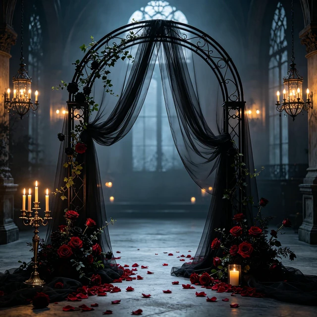 Alt view image 3 of 7 - Wedding Arch Draping Fabric, Black, 1 Panel, 28.7in x 20ft Sheer Drapes Tulle Fabric, for Gothic Wedding, Halloween Party, Masquerade, Photo Backdrop Decor