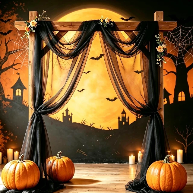 Alt view image 2 of 7 - Wedding Arch Draping Fabric, Black, 1 Panel, 28.7in x 20ft Sheer Drapes Tulle Fabric, for Gothic Wedding, Halloween Party, Masquerade, Photo Backdrop Decor