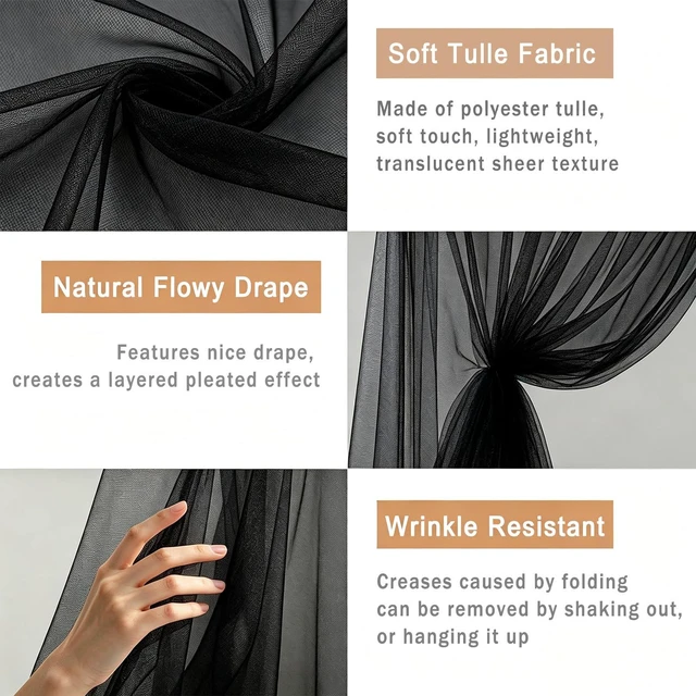 Alt view image 4 of 7 - Wedding Arch Draping Fabric, Black, 1 Panel, 28.7in x 20ft Sheer Drapes Tulle Fabric, for Gothic Wedding, Halloween Party, Masquerade, Photo Backdrop Decor