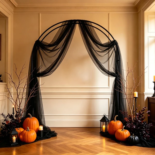 Alt view image 6 of 7 - Wedding Arch Draping Fabric, Black, 1 Panel, 28.7in x 20ft Sheer Drapes Tulle Fabric, for Gothic Wedding, Halloween Party, Masquerade, Photo Backdrop Decor