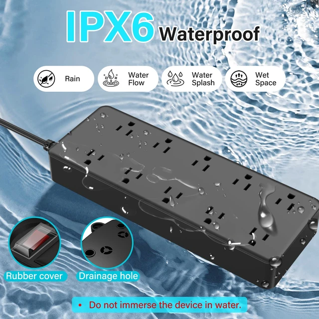 Alt view image 2 of 6 - Outdoor Power Strip 6 Ft, IPX6 Waterproof Surge Protector 10 Widely Spaced AC Outlets Extension Cord, 45° Flat Plug, Wall Mountable, 14 Gauge 125V for Garden Patio Camping Christmas Lights-ETL