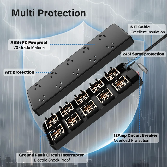 Alt view image 3 of 6 - Outdoor Power Strip 6 Ft, IPX6 Waterproof Surge Protector 10 Widely Spaced AC Outlets Extension Cord, 45° Flat Plug, Wall Mountable, 14 Gauge 125V for Garden Patio Camping Christmas Lights-ETL