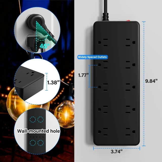 Alt view image 5 of 6 - Outdoor Power Strip 6 Ft, IPX6 Waterproof Surge Protector 10 Widely Spaced AC Outlets Extension Cord, 45° Flat Plug, Wall Mountable, 14 Gauge 125V for Garden Patio Camping Christmas Lights-ETL