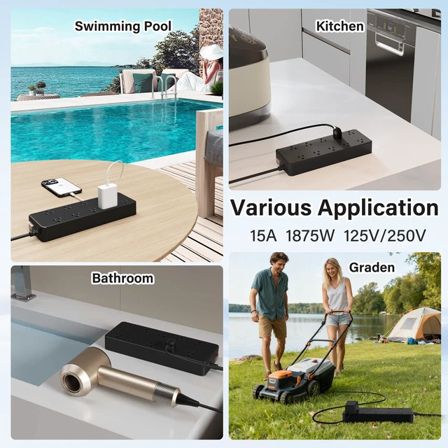 Alt view image 6 of 6 - Outdoor Power Strip 6 Ft, IPX6 Waterproof Surge Protector 10 Widely Spaced AC Outlets Extension Cord, 45° Flat Plug, Wall Mountable, 14 Gauge 125V for Garden Patio Camping Christmas Lights-ETL